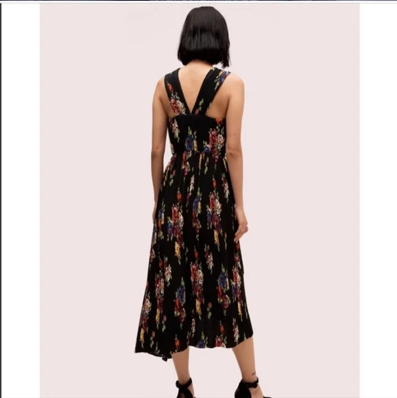 KATE SPADE Dress Size 8 Black Rare Floral Pleated Midi Y2k 90s Assymetrical - Picture 6 of 9